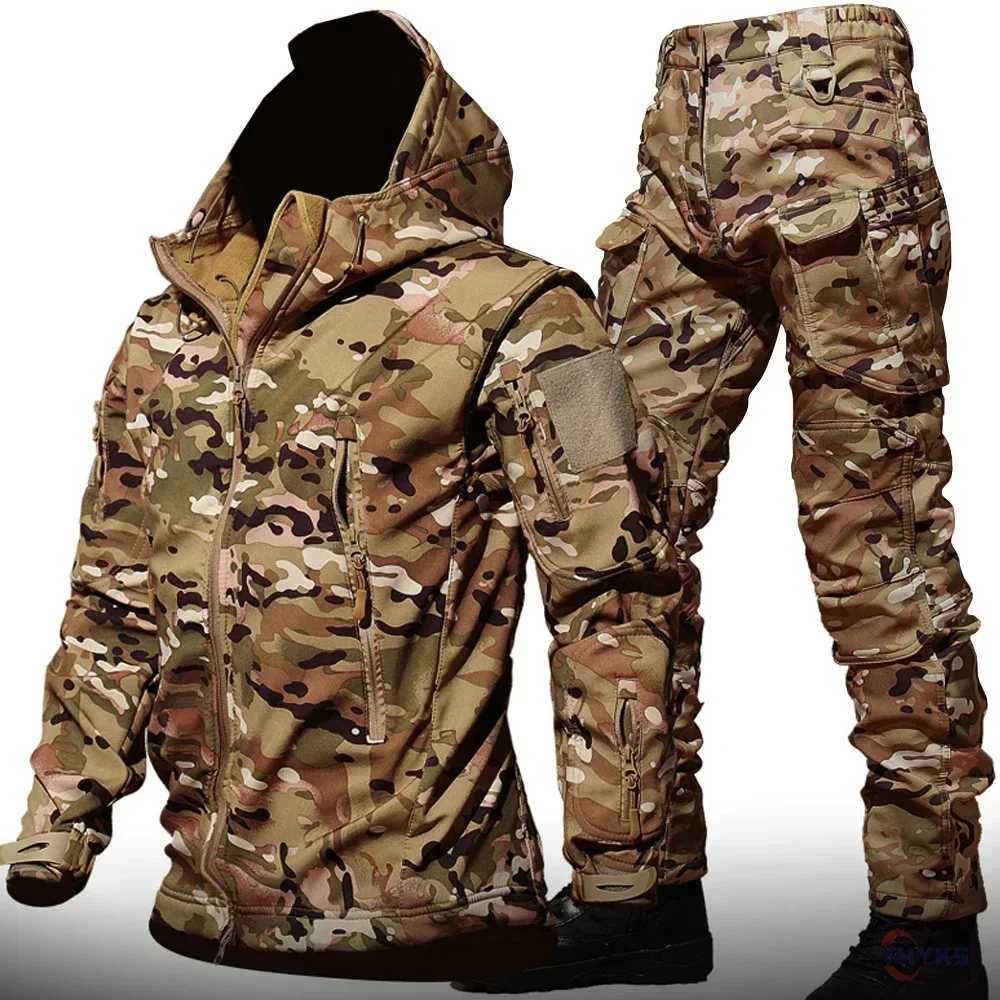 6XL TAD Tactical Men Hunting Hiking Fishing Explore Clothes Suit Camouflage Shark Skin Hunting Waterproof Hooded JacketPants W250928