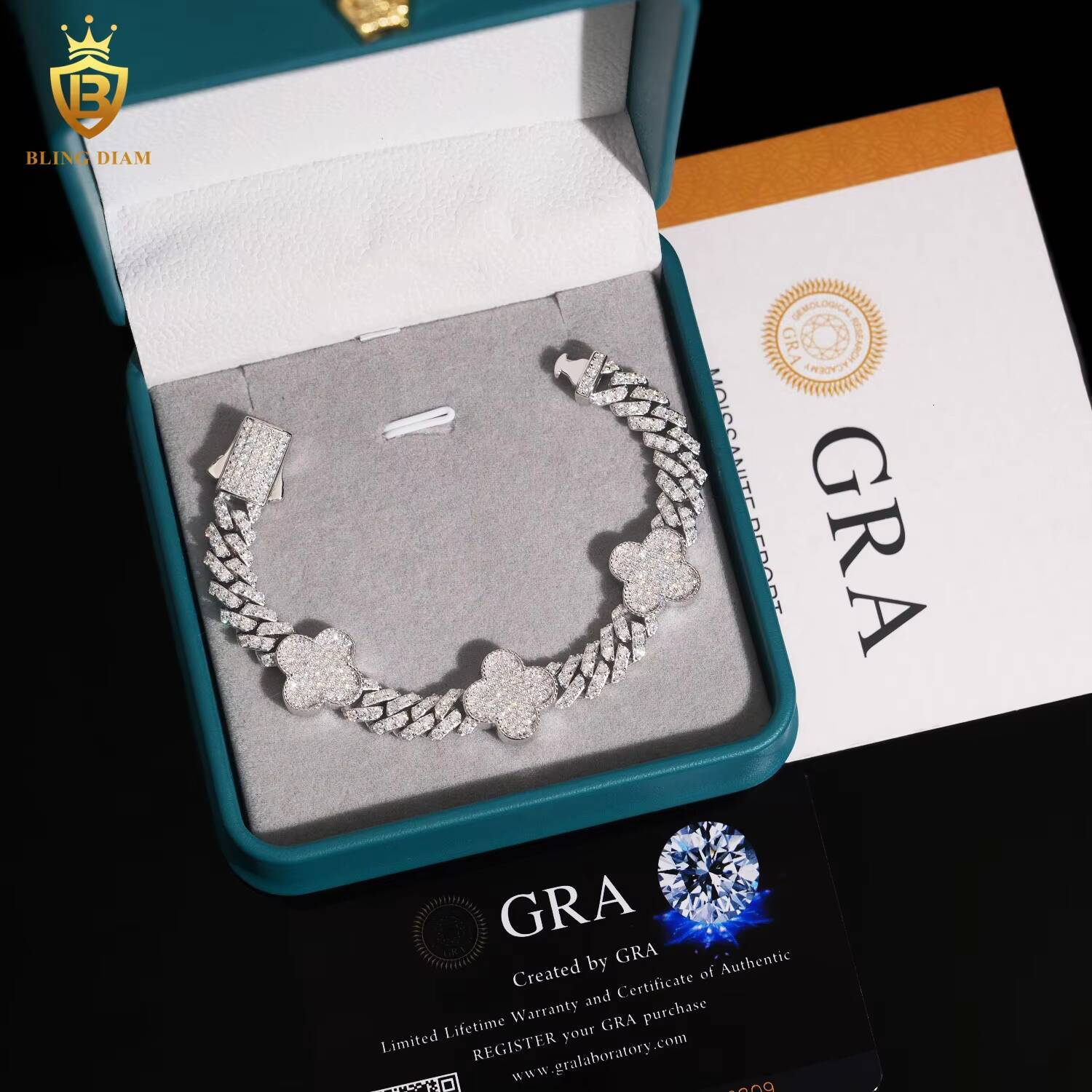 Fashion Four Leaf Clover Link Chain Bracelet 8mm Bracelet Pass Diamond Tester VVS Iced Out Moissanite Hip Hop Chain 925 Silver