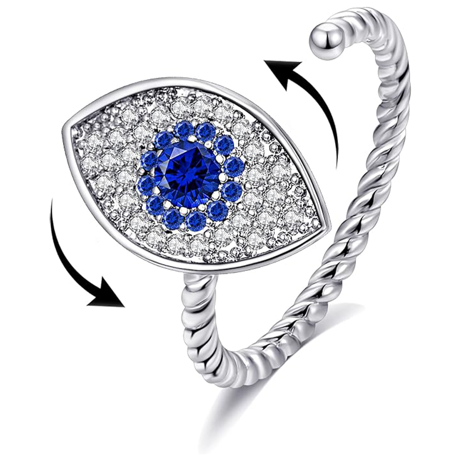 Fidget Anxiety Rings Rotatable Stress Relief Bead Ring Size Adjustable Open Design Ring Spinner Inlaid Cubic Zirconia Blue Eye Shape Ring Jewelry for 