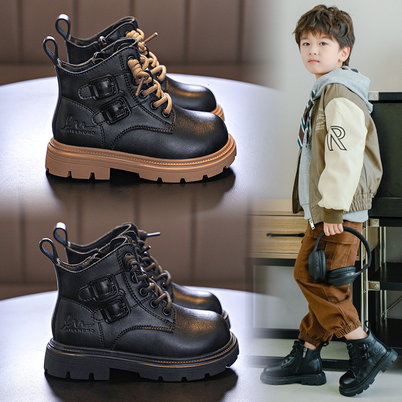 Winter new men's Martin boots with thick wool lining, big children's boots, double-layer cotton shoes, fashionable short leather boots, desi