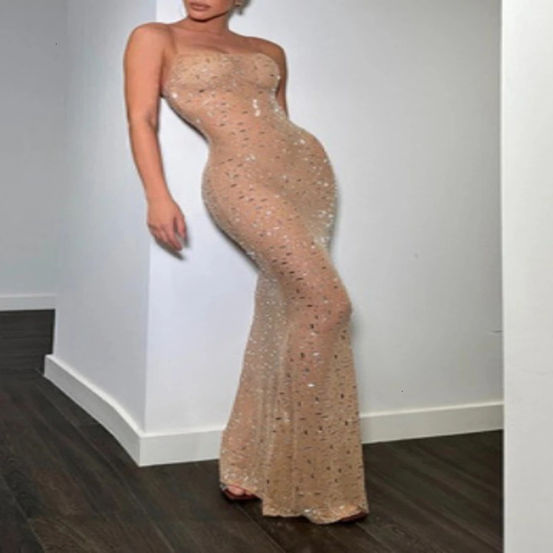 Sequine Party Dress Women Sexy Sheath Sleeveless Diamond Maxi Female Evening Dresses Slim Hip Package Long Lady Club Robe 240318wtt