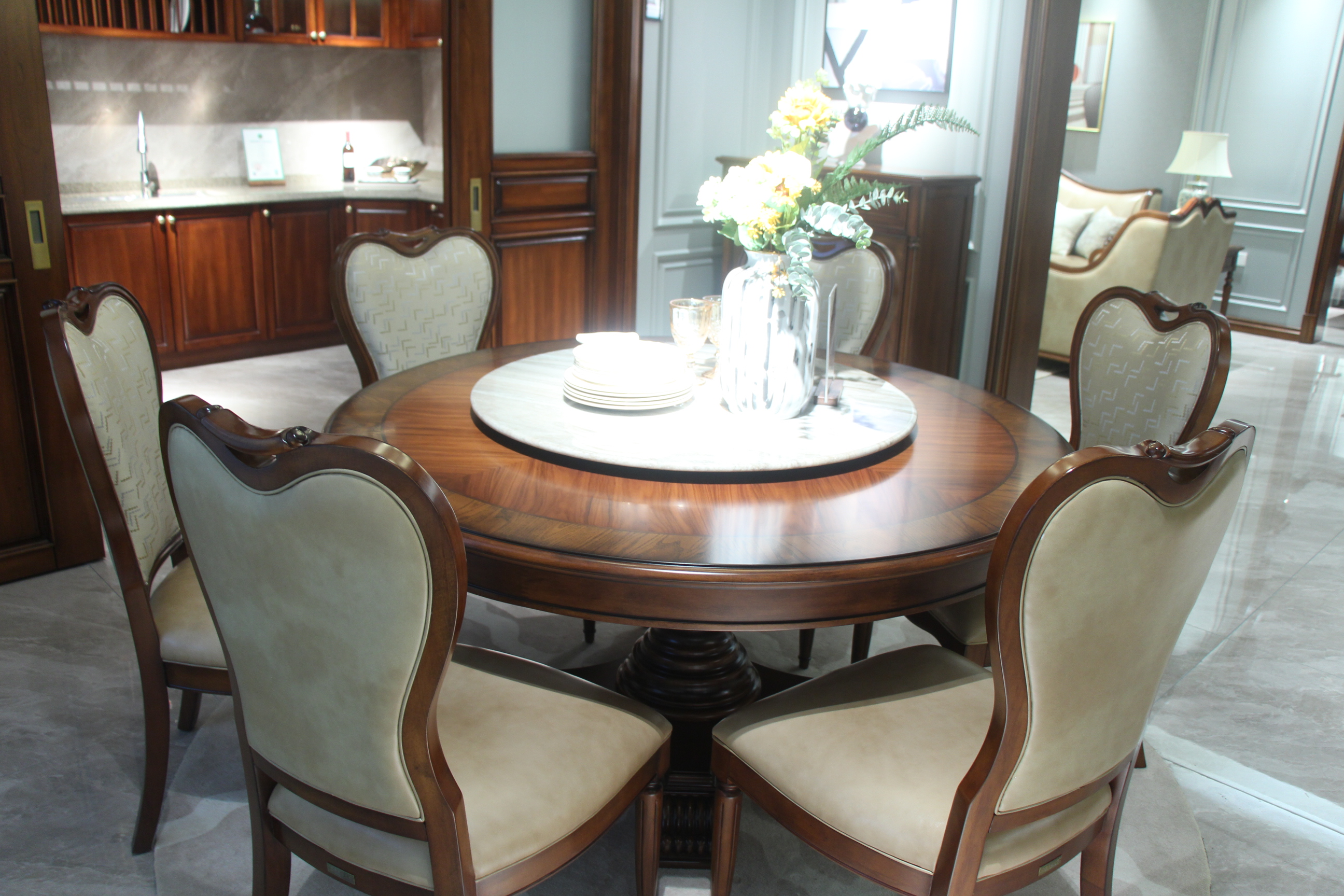 Zhongzhixin Designer Solid Wood Dining Table & Luxury Leather Dining Chair Set, American Style, for Dining Room
