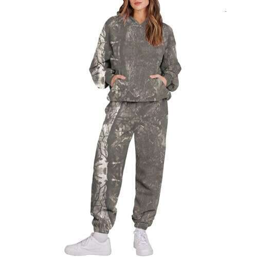 Women's Camouflage Leaf Sports Two-Piece Hooded Long Sleeve Sweatshirt and Sweatpants Set