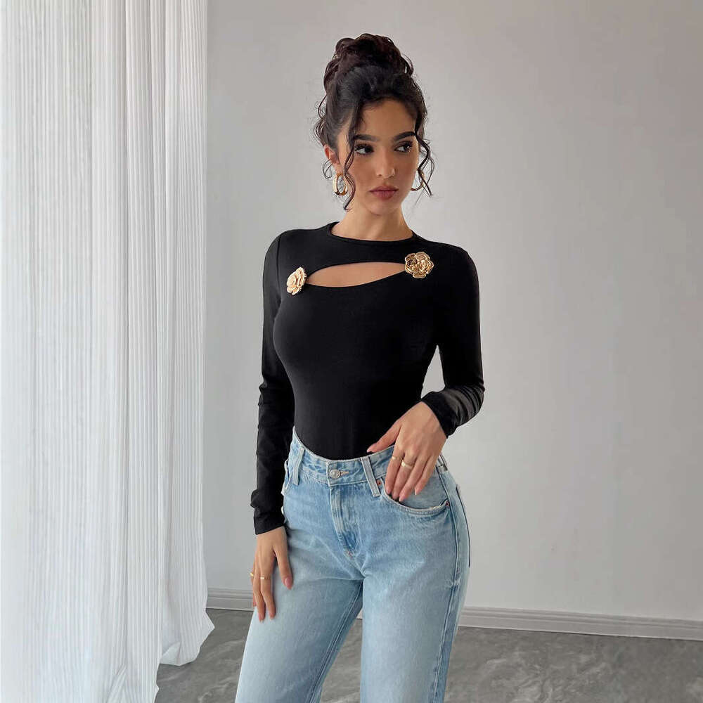 2025 Autumn Winter New Women Hollow Out Rose Metal Decoration Black Tight Long Sleeve T-shirt Tops