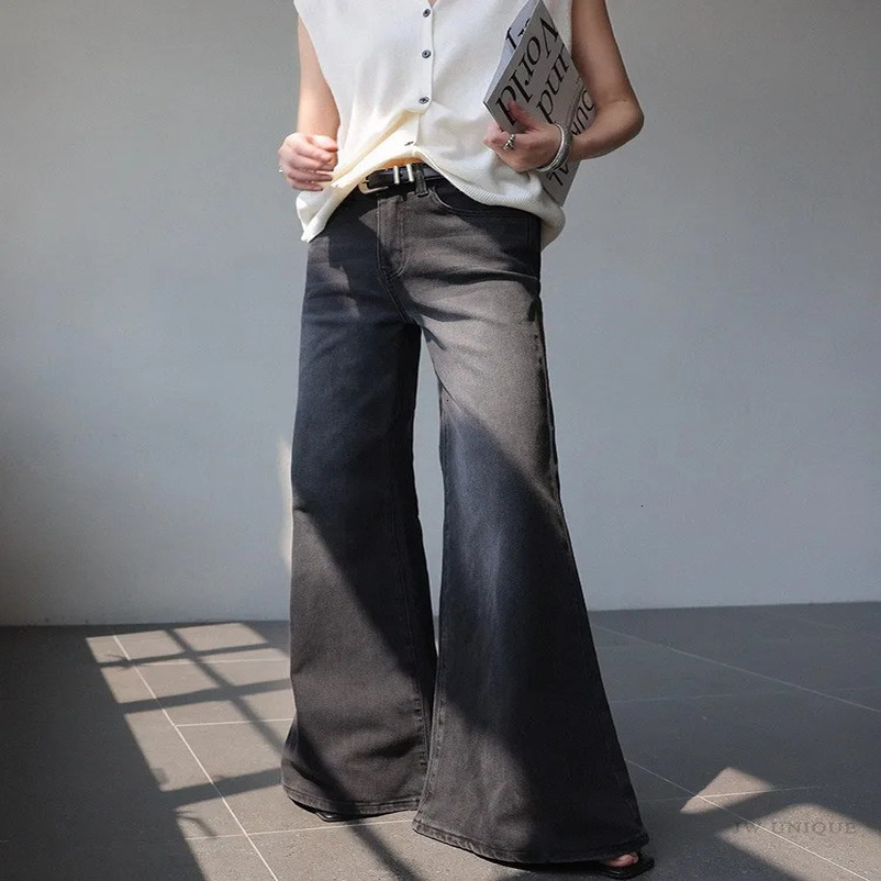 Minimalist Black Micro Flared Jeans For Women In Spring And Autumn Slim Fit With Wide Legs Fashionable Floor Length Pants 250106