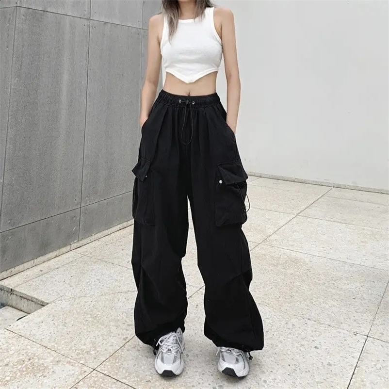 Women Big Pockets Cargo Pants Y2k High Elastic Waist Drawstring Baggy Trousers Vintage Casual Loose Side Zipper Straight Pants 240723