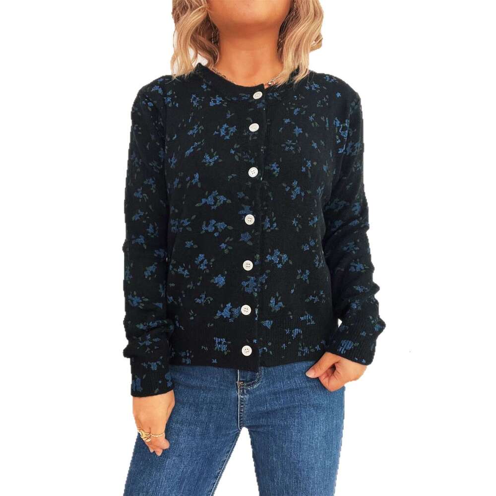 Autumn and Winter New Simple Floral Print Knitted Cardigan Commuter Round Neck Long Sleeve Jacket for Women