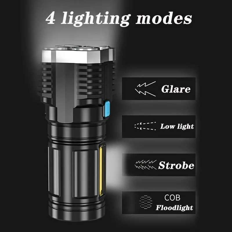 Strong Light LED Flashlight Camping Torch With 4 Lamp And COB Side Lights Outdoor USB Rechargeable Portable Hand Lantern C250928