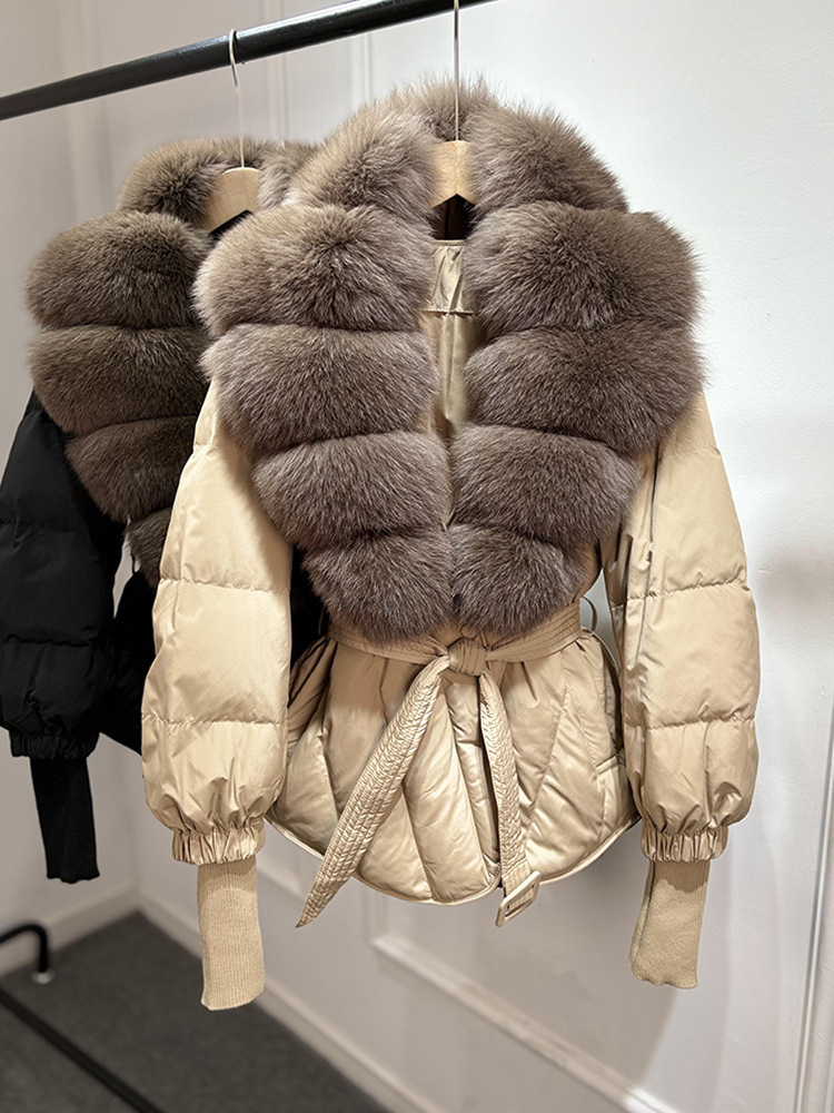 2025 Dongdaemun New Style Knitted Sleeve Belt Fashion Women's Short Down Jacket with Fox Fur Collar