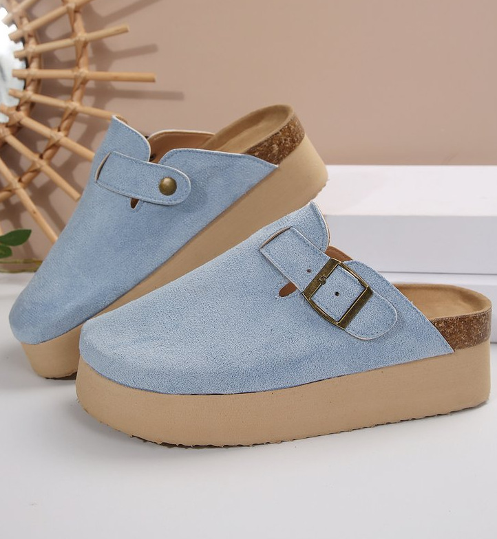 New Design Style Fashion Thick Platform Buckle Closure Closed Toe Mules for Women Plus Size 35-43 Casual Versatile Height Increasing Slippers Khaki Pi