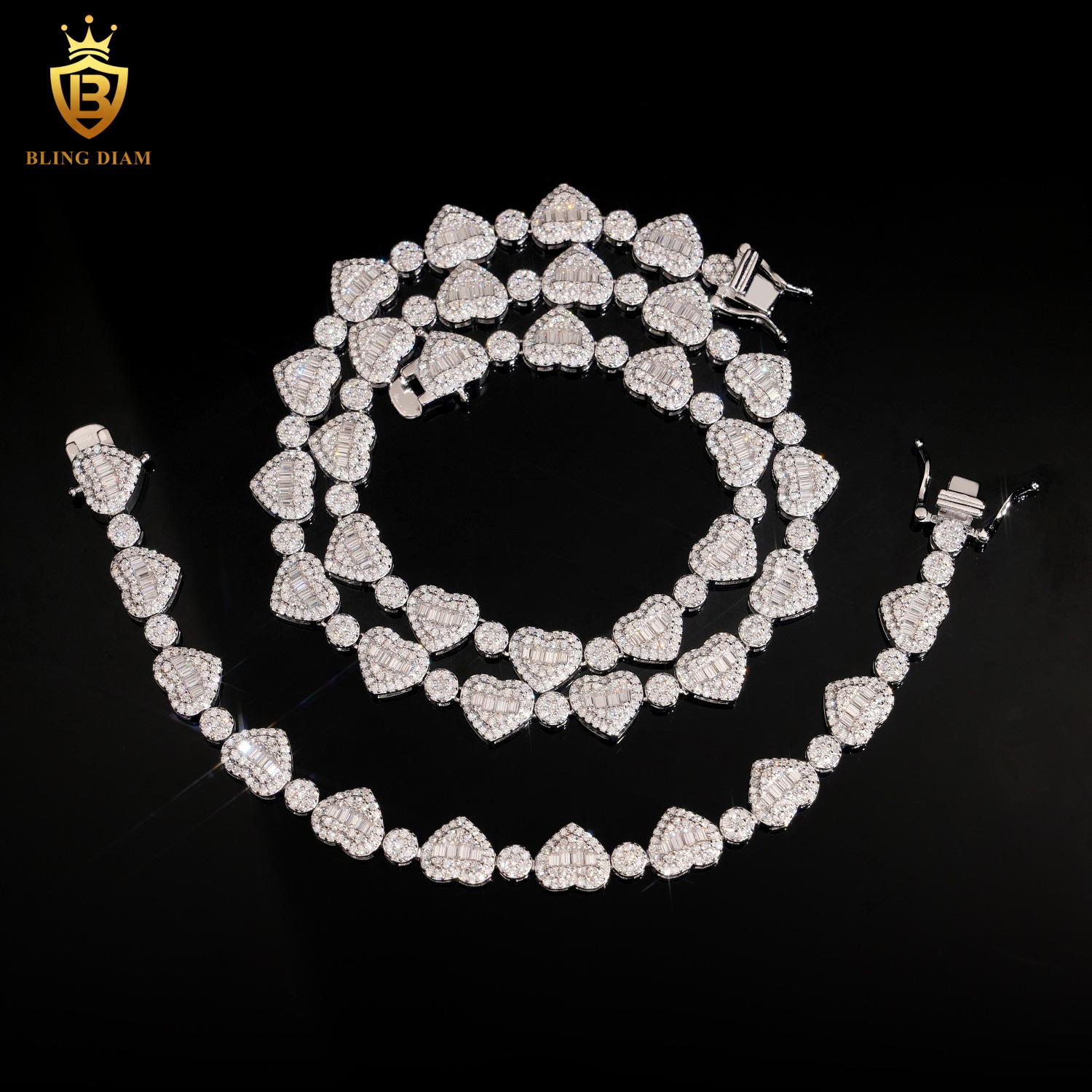 Fine Jewelry Necklace and Bracelet Bangle Set 925 Sterling Silver 85mm Vvs Moissanite Love Heart Tennis Chain