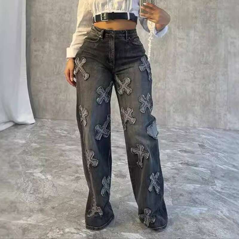 Women's Clothing Washed Denim Cross Hip Hop Straight Trousers