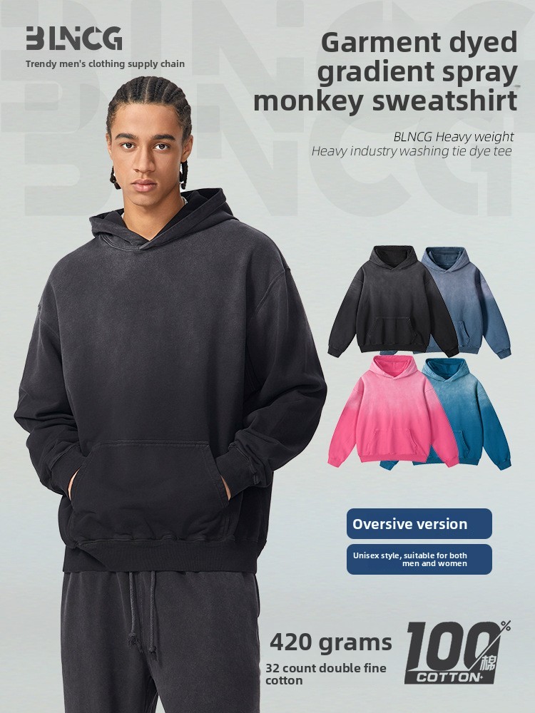 BLNCG Streetwear American 420g Heavyweight Cotton Washed Hoodie - Vintage Gradient, Spray Mosaic, Piece Dyed Jacket-WYM-06