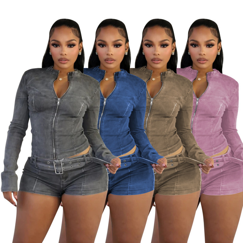 Women Tracksuits Two Pieces Set 2025 New Denim Shorts Set Long Sleeve Elastic Shorts Belt Set 4 Colors