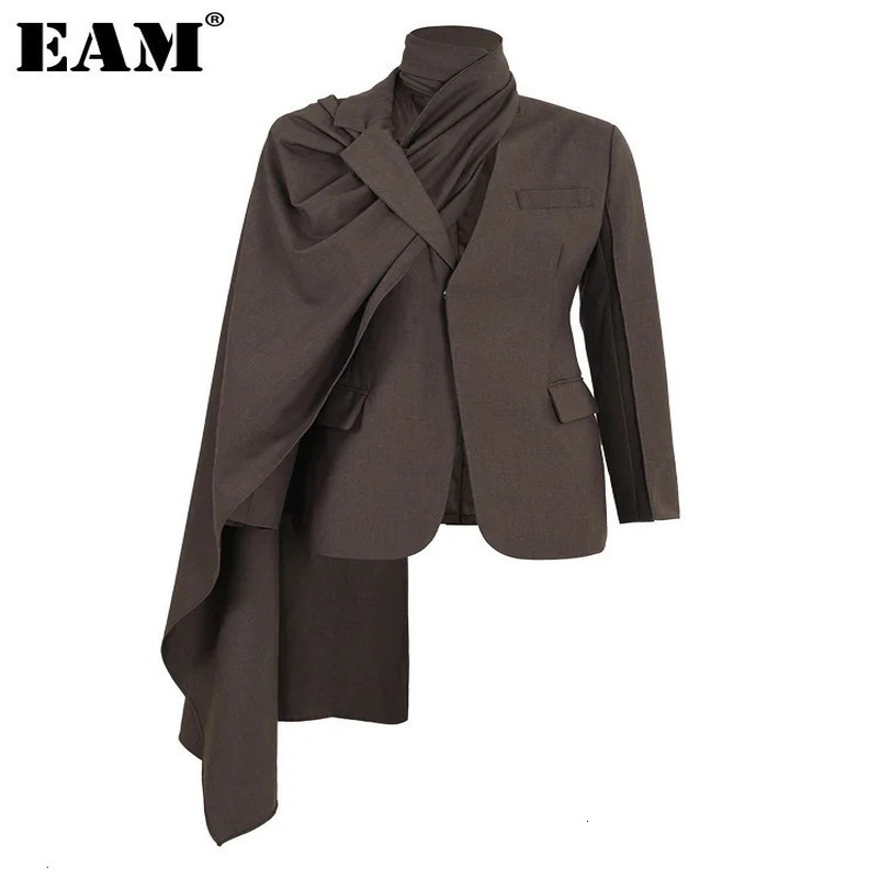 EAM Coffee Irregular Scarf Elegant Blazer Women Lapel Long Sleeve Loose Fit Jacket Fashion Spring Autumn 1DZ0018 250106