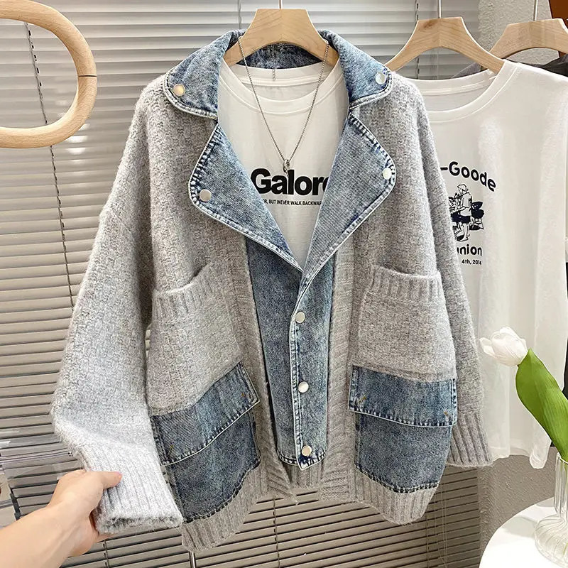 2023 Autumn Winter Women Splicing Denim Jacket Women Long Sleeve Jean Jackets Female Loose Sweater Cardigan Jacket 250811A