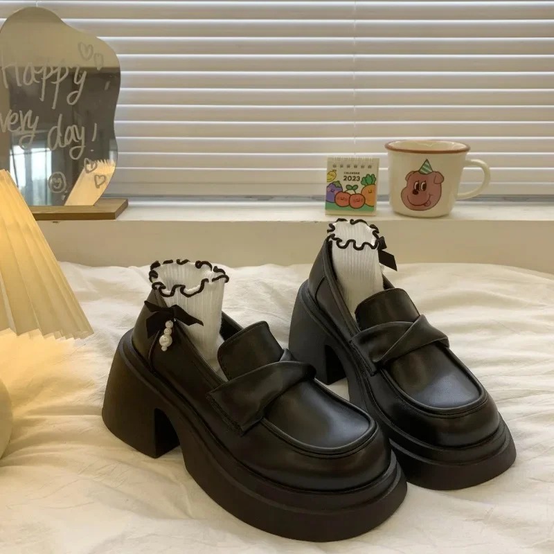 Leather Shoes 2024 Autumn New Style French Retro British Round Head High Heels French Inspired Womens Leather Slip-On Boots Contemporary Retro Footwea