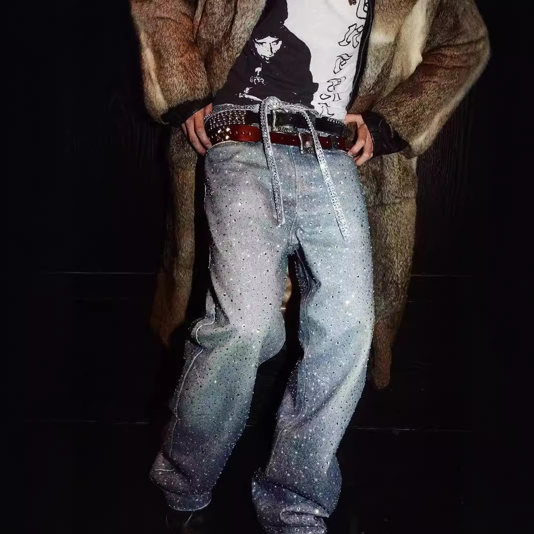 Vintage Full Rhinestone Sequin Jeans Y2K Clothes Men Women Harajuku Hip Hop Sequined Vintage Jeans Low Waist Wide Leg Trousers 250828
