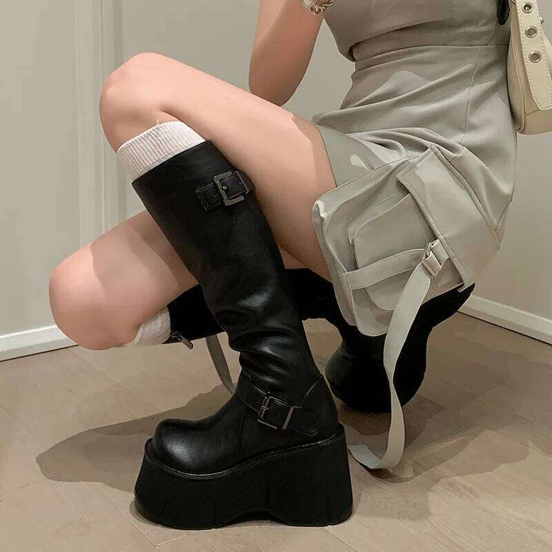 2024 Basic Women's Classics Knee-High Boots Women Belt Buckle Side Zip Round Toe Wedge Platform Shoes Ladies