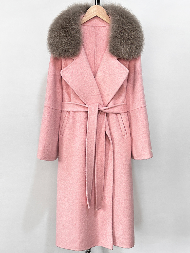 2025 French lazy women's slim fit coat with fox fur collar and lace up double-sided cashmere long woolen coat long coat women wool coat women des