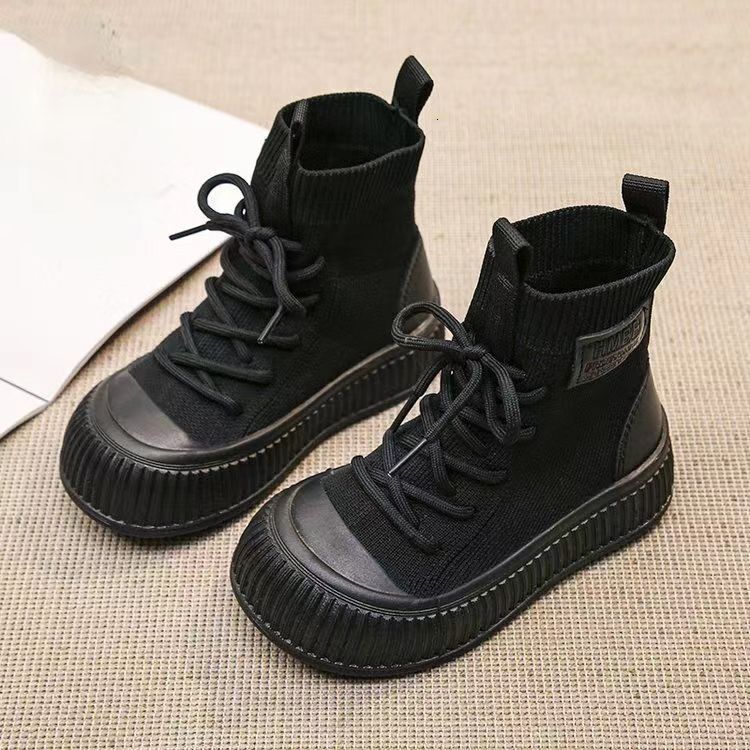 Autumn New High Top Knitted Shoes for Boys and Girls, Short Boots, Anti Slip Fashion Casual Shoes, Suitable for Children, Front Strap Fashion Boots, D