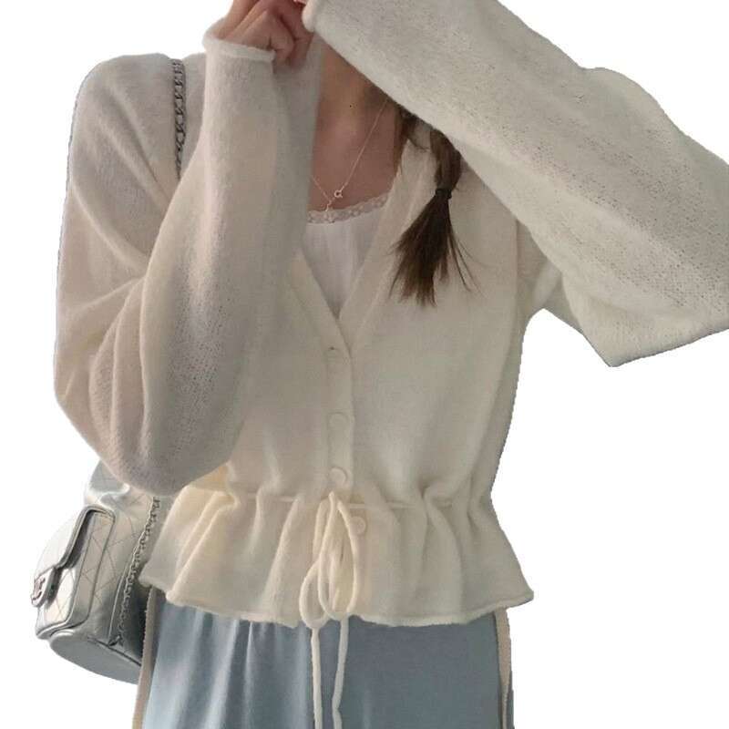 Autumn New Women's V-neck Tie Waist Fashion Long Sleeve Knitted Sweater Cardigan