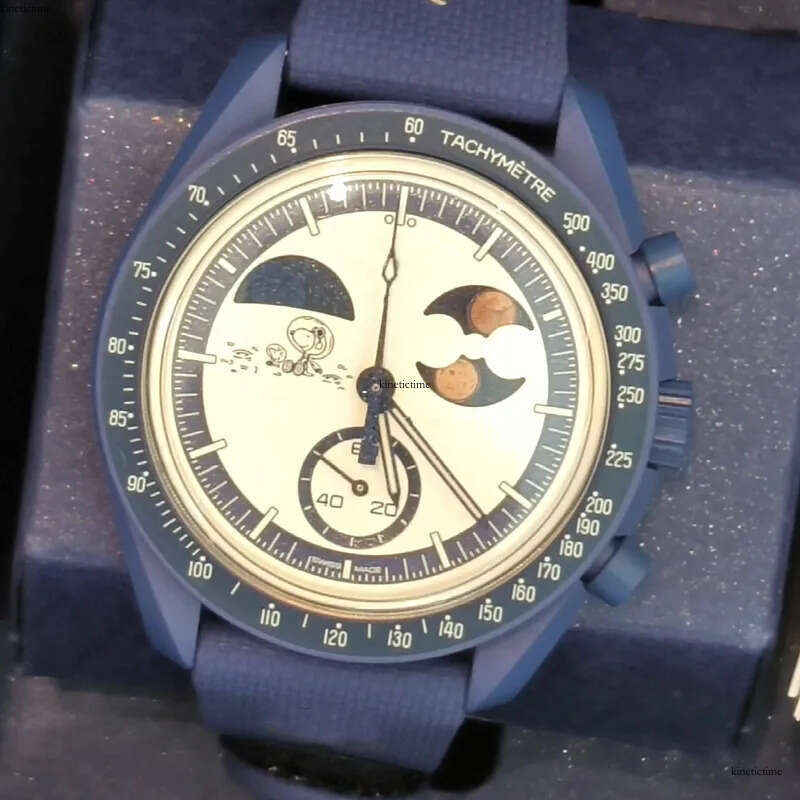 New color Mens Quartz Watch Blue Bioceramic Chronograph with Moon Phase, 42mm Nylon Strap, Premium Timepiece