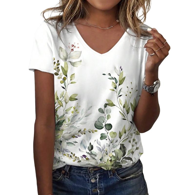 Women's V-Neck Short Sleeve Floral Leaf Print Casual T-Shirt-CF25495