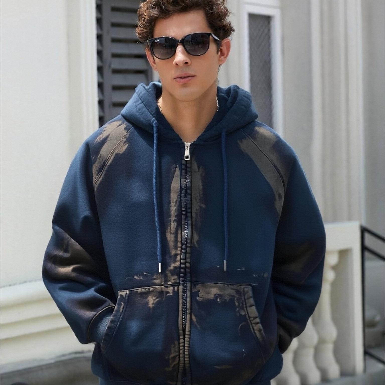 Distressed Printed Zip-Up Hoodie - Spring & Autumn American Retro Casual Jacket, Unisex, Customizable Pattern-03002