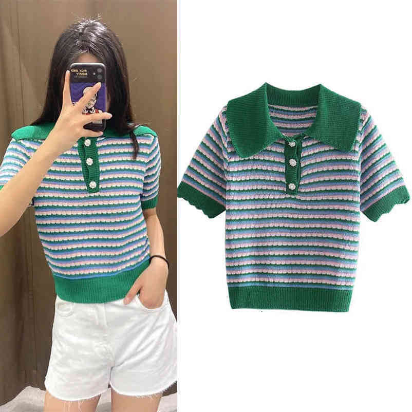 Lucyever Spring Summer Stripe Knitted T-shirt Women Fashion Slim Turndown Collar Woman Shirts Elegant Solid Chic Pullover 210521wtt