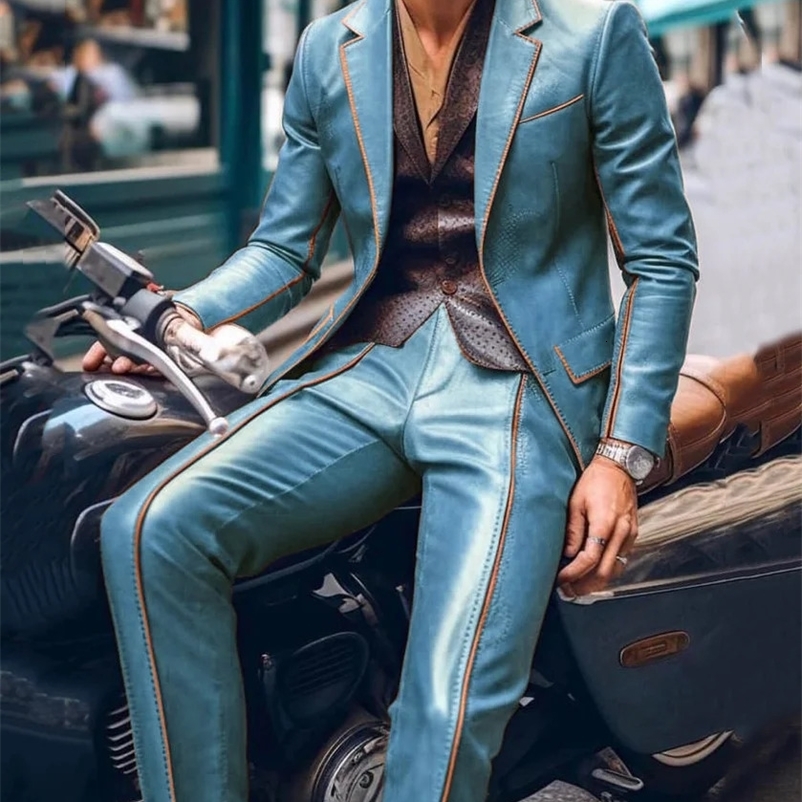 Men Suit Slim Fit Blazer Pants 2Pcs Set Contrast Trim Notch Lapel PU Leather Jacket Male Business Casual Prom Suit Moto style 240909