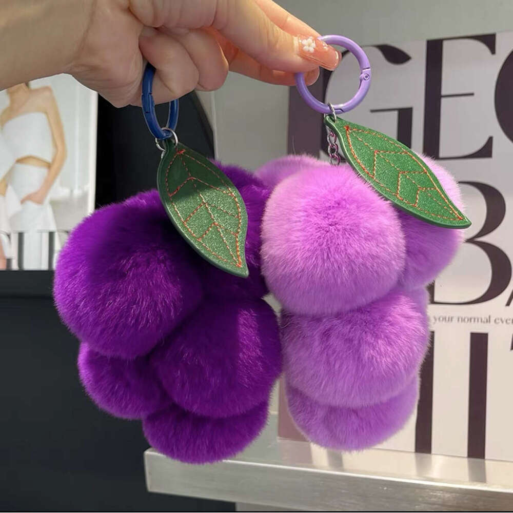 Purple Faux Rex Rabbit Fur Bag Charm, Plush Pendant, Grape Car Keychain Accessory