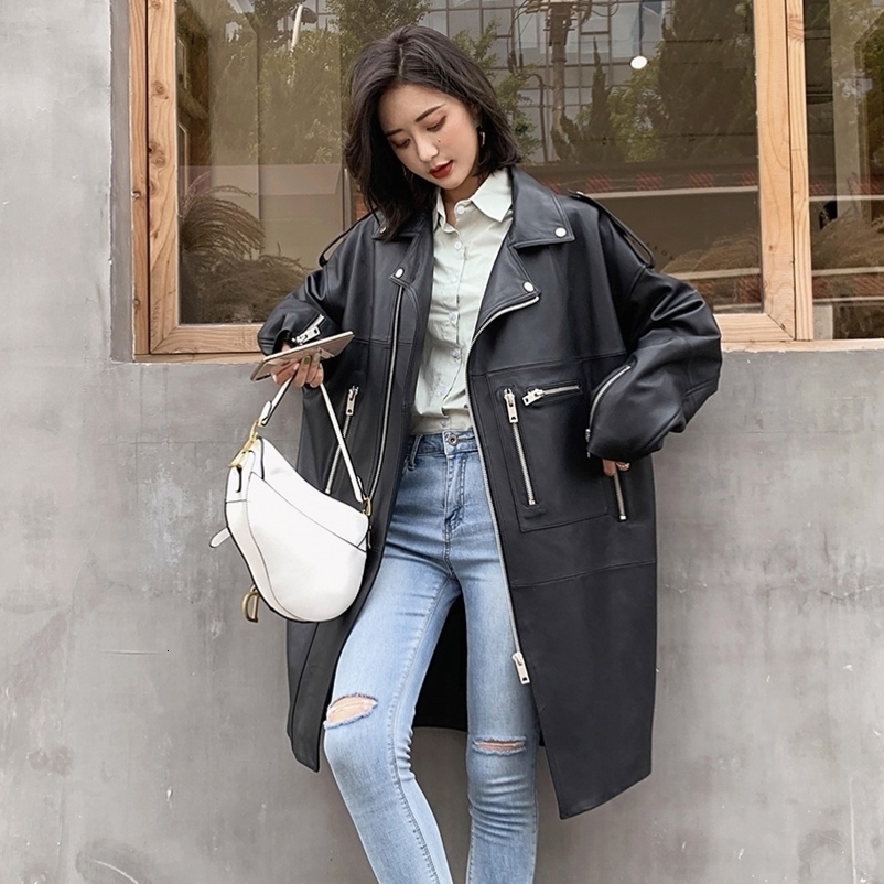 Nerazzurri Oversized black long spring womens leather jacket long sleeve drop shoulder zipper Plus size loose faux leather coat 210201