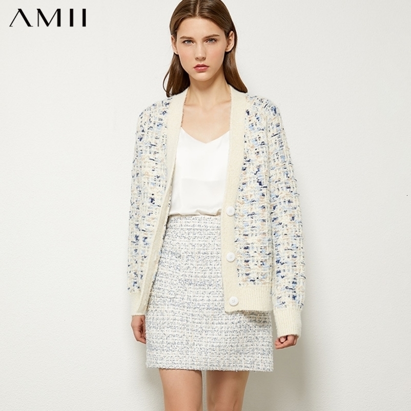 AMII Minimalism Autumn Winter Temperament Female Cardigan Causal Vneck Single-breasted Women's Sweater Cardigan Tops 12070282 201023