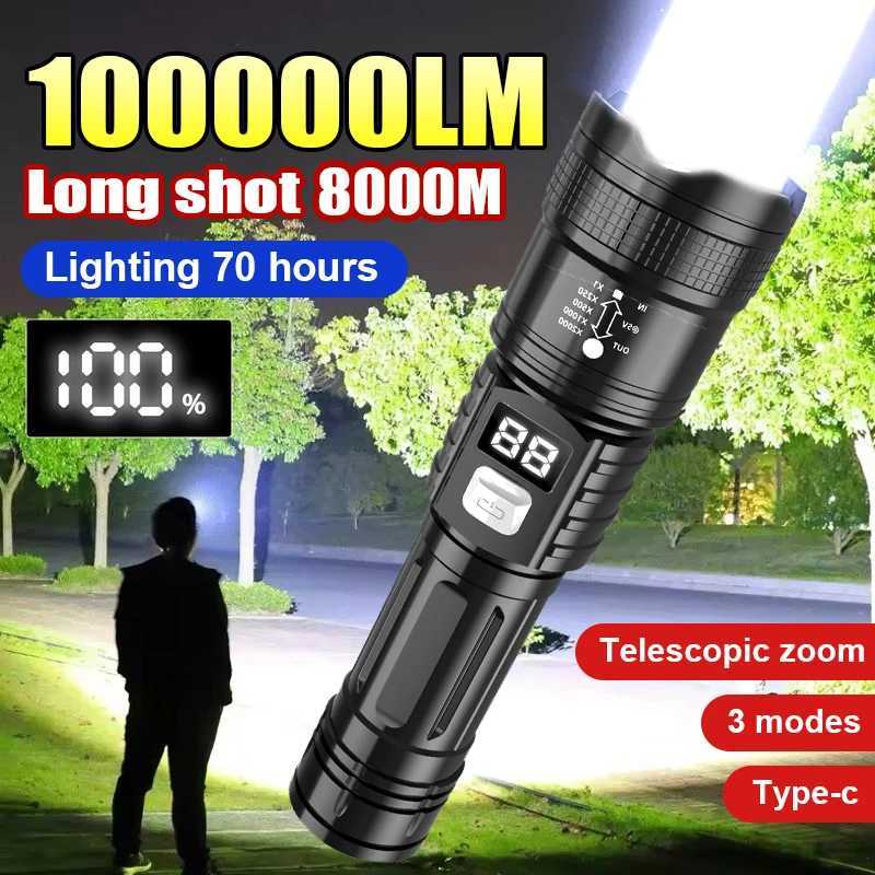 100000LM Super Bright Flashlight TypeC Rechargeable LED Torch Long Range Tactical Lamp for Outdoor Waterproof Camping Lantern D250928