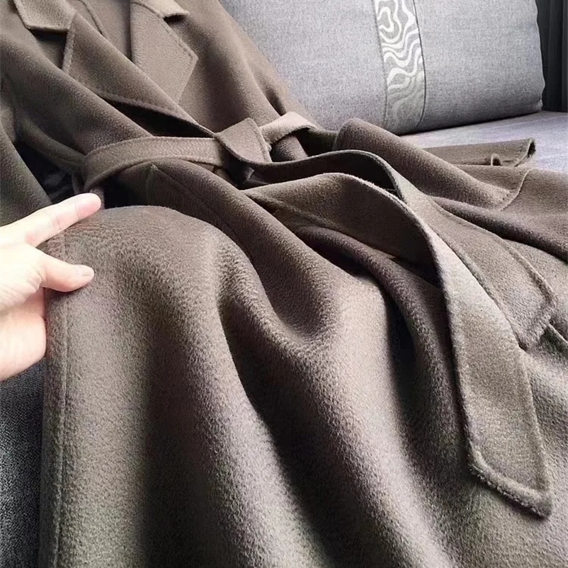 MAX Women Jacket Autumn Winter Labbro Bathrobe Water Ripple Double Faced Wool Coat Lace Up Woolen Long Coat Women 240909