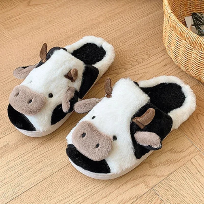 Plush Cow Print Flats for Men Women Comfortable Indoor Non-Skid Footwear Toecover Feature Winter warm cotton shoes Toe Wrap Warm Plaid Cotton Slippers