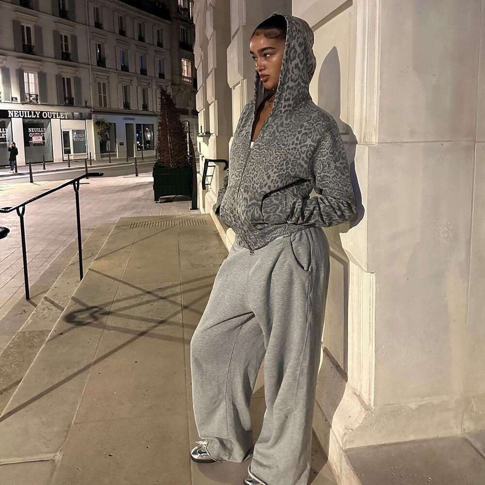 Autumn New American Style Leopard Digital Print Hoodie Loose Zipper Cardigan Sweatshirt