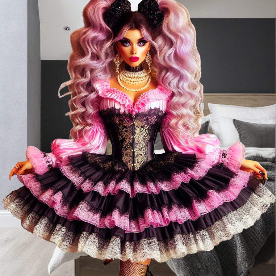 Vintage Long Sleeves Lolita Prom Dresses Ruffles Tiered Pink And Black Cosplay Party Ball Gown Sweetheart Corset Evening Wear