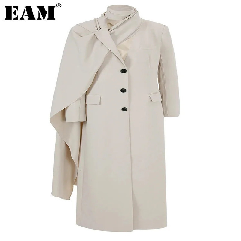 EAM Apricot Big Size Long Elegant Blazer Women Scarf Collar Sleeve Jacket Fashion Spring Autumn 1DH4395 250106