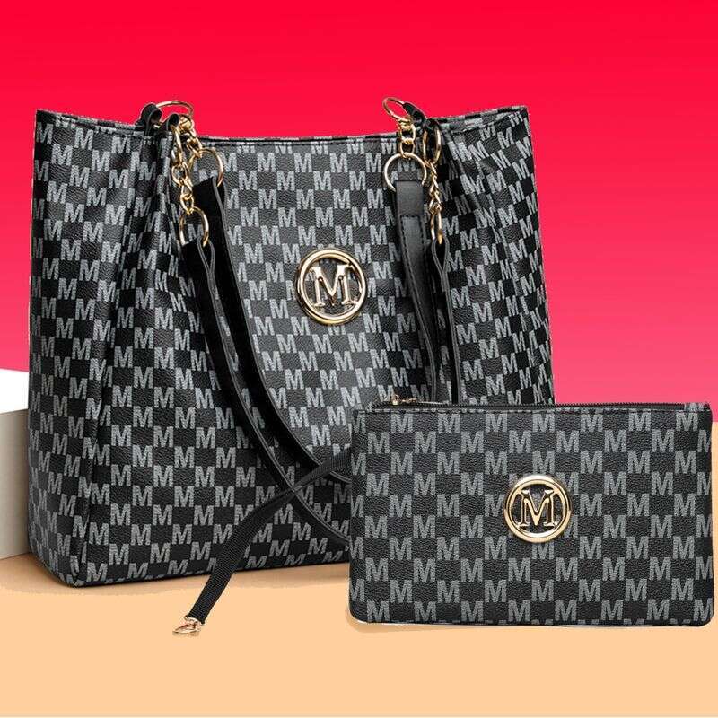 Stylish M-Print Tote & Clutch Bag Set With Chain Strap - Versatile PU Handbag Combo For Women Black/Brown/White
