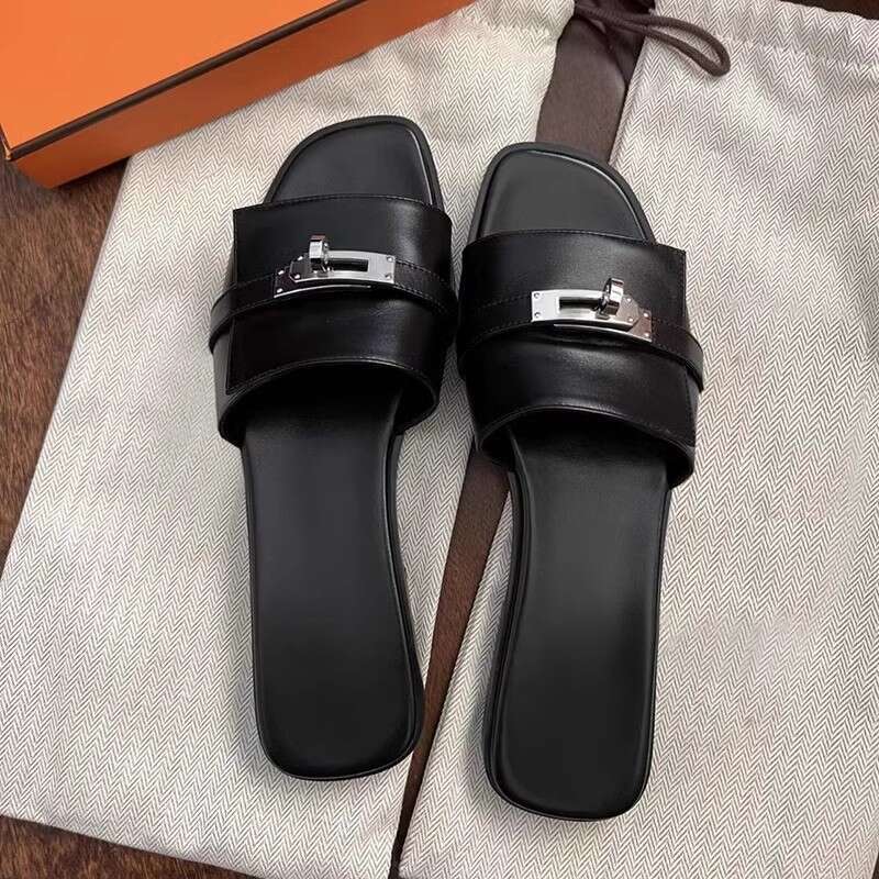 High-Quality Trendy Small Lock Buckle One-Strap Sandals for Women Fashion Versatile Color-Block Square Toe Flat Outdoor Summer Slippers