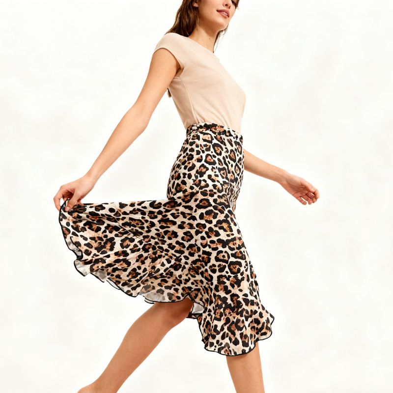 Women's Leopard Print Elastic Waist Midi Skirt - French Style Ruffled Hem Vacation Skirt-CF50621