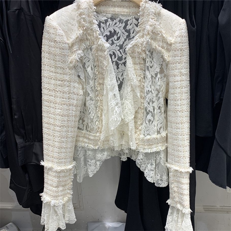Women's Wool Blends Autumn Elegant Ladies tweed woven lace patchwork jacket for Women Slim Fit Short Cardigan Coat Y4268 230824