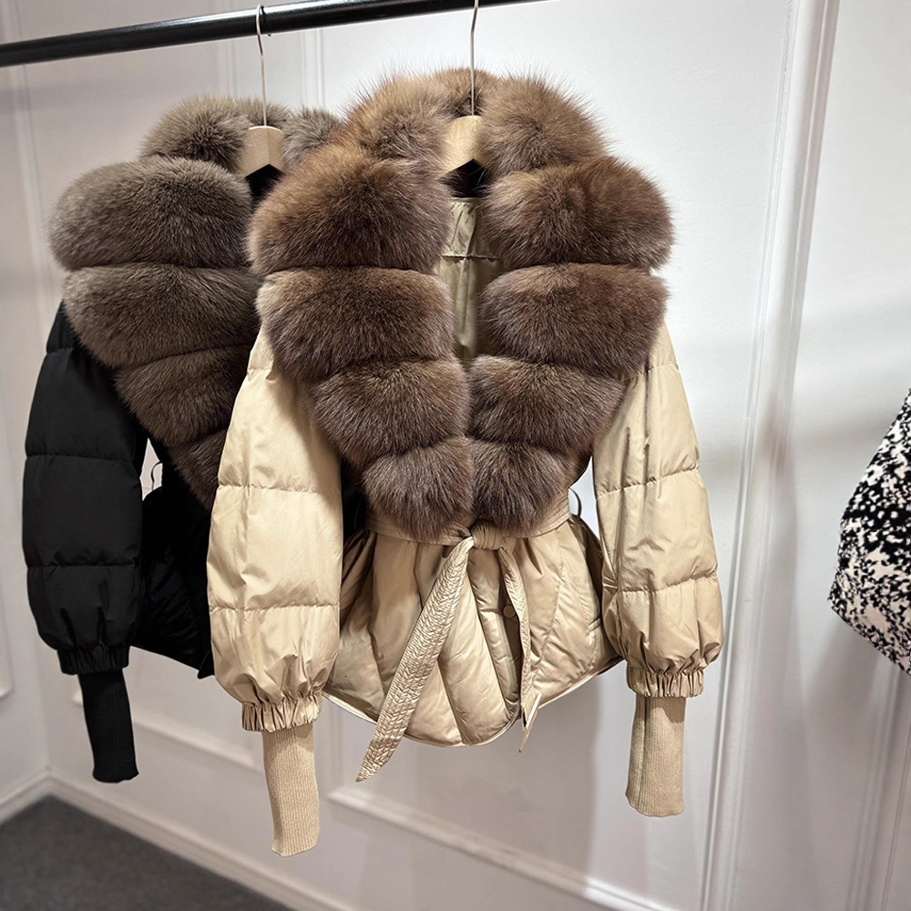 2025 Dongdaemun New Style Knitted Sleeve Belt Fashion Women's Short Down Jacket with Fox Fur Collar