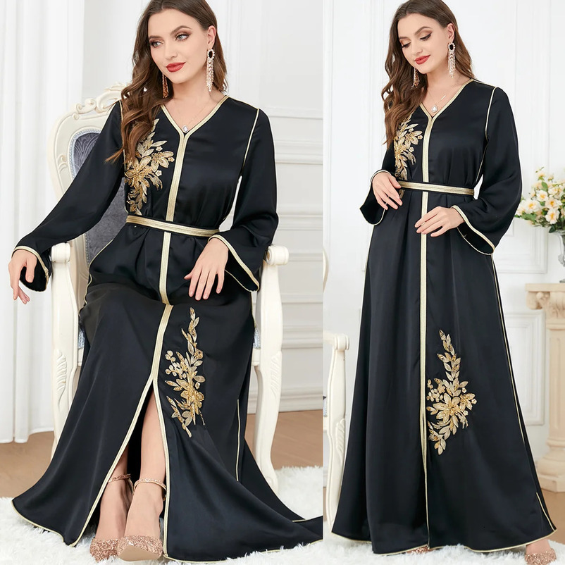Muslim Slit Dress for Women Modest Black Abaya Long Sleeve VNeck Embroidery Arabic Clothing Dubai Abayat Islamic Robe 3277 240715