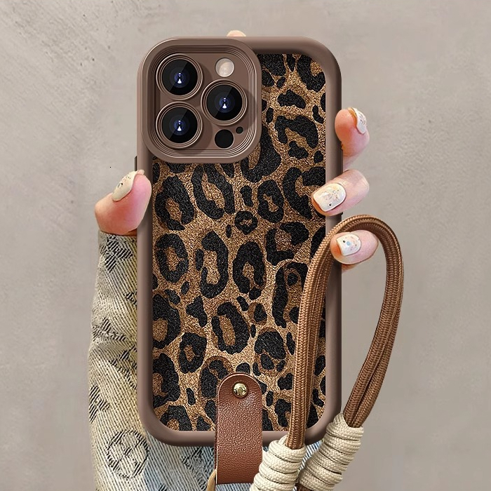 Leopard Print Lanyard Compatible with Apple 17 Phone Case 16PROMAX Lambskin 15 Matte Silicone Premium Shockproof