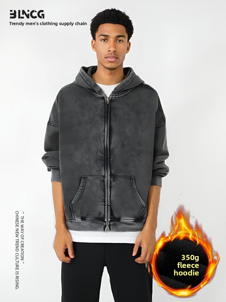 BLNCG Streetwear Winter Heavyweight Fleece-Lined Washed Hoodie - American Retro, Plus Size Zip-Up Jacket for Men & Couples-KFMLW-03