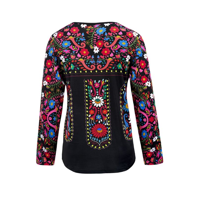 Vintage Style Womens Long-Sleeve V Neck Tee with Ethnic Flower Design for Everyday Wear-CF42394