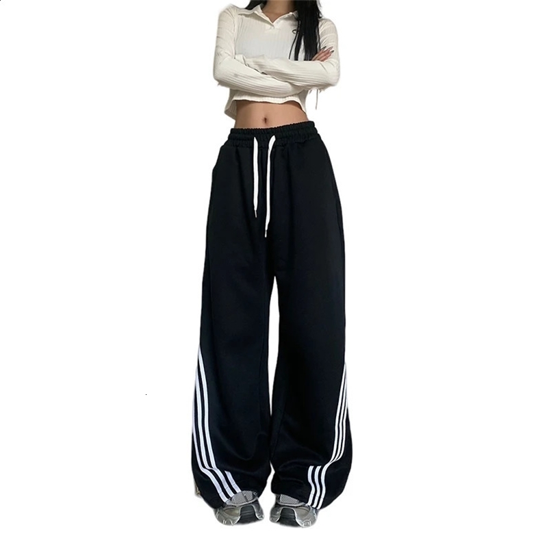 Black Striped Sweatpants Women Preppy Style High Waist Loose Casual Trousers Korean Chic Gray Lace Up Streetwear Wide Leg Pants Z260314